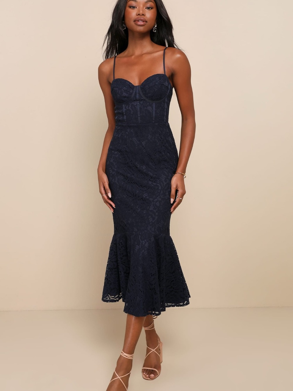 Lulu's Navy Lace Sweetheart Bust Midi Dress